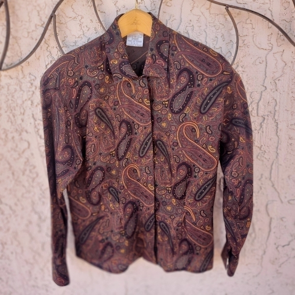 Jones New York Brown Paisley Long Sleeve Button Down Sz 2 Blouse - Picture 2 of 9
